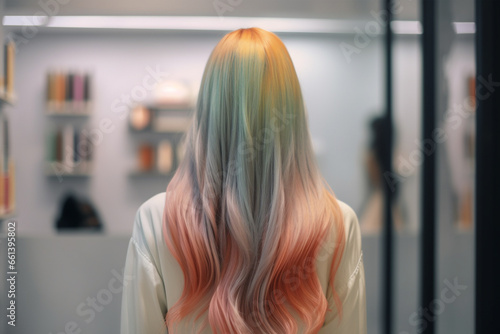 Back view of woman with long straight pastel colored hair