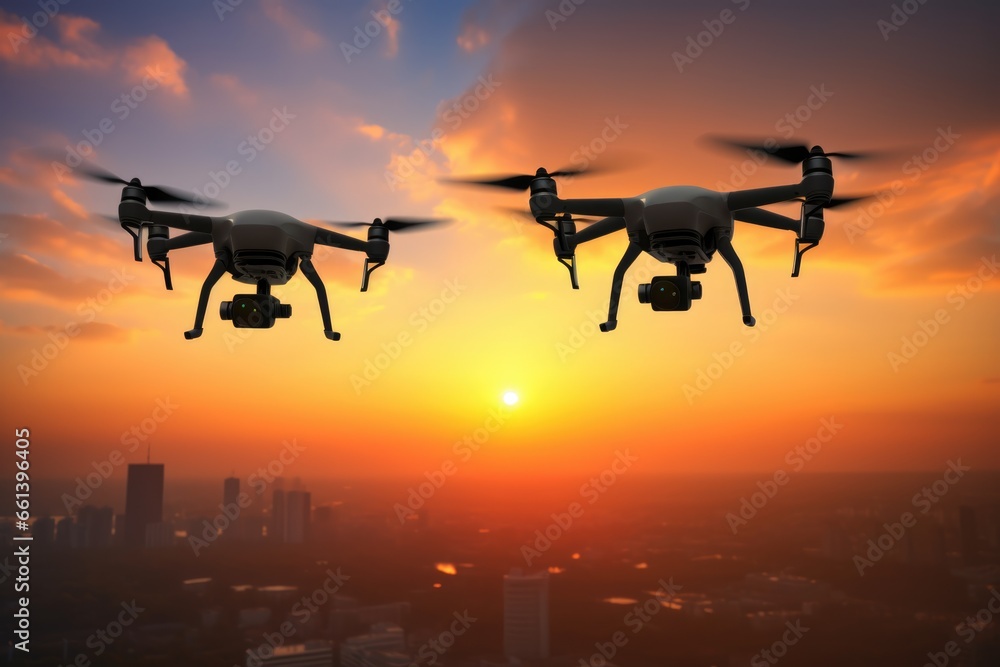 Drones in the sunset city sky Drones in the sunset city sky