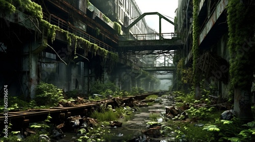 an abandoned  overgrown industrial complex  a haunting reminder of a bygone era