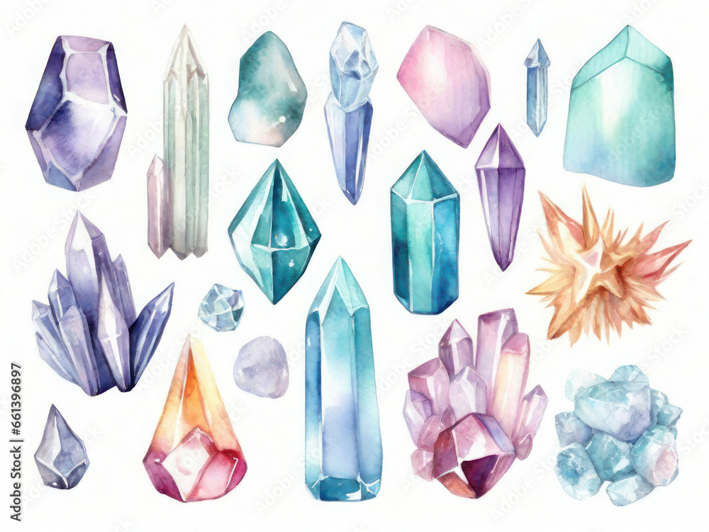 Set of beautiful watercolor crystals isolated on a white background. Rainbow druses of different shapes drawn by hand, bright composition. Set of beautiful watercolor crystals isolated on a white background. Rainbow druses of different shapes drawn by hand, bright composition.