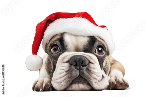 a high quality stock photograph of a single french bulldog with a santa hat isolated on a white background © ramses