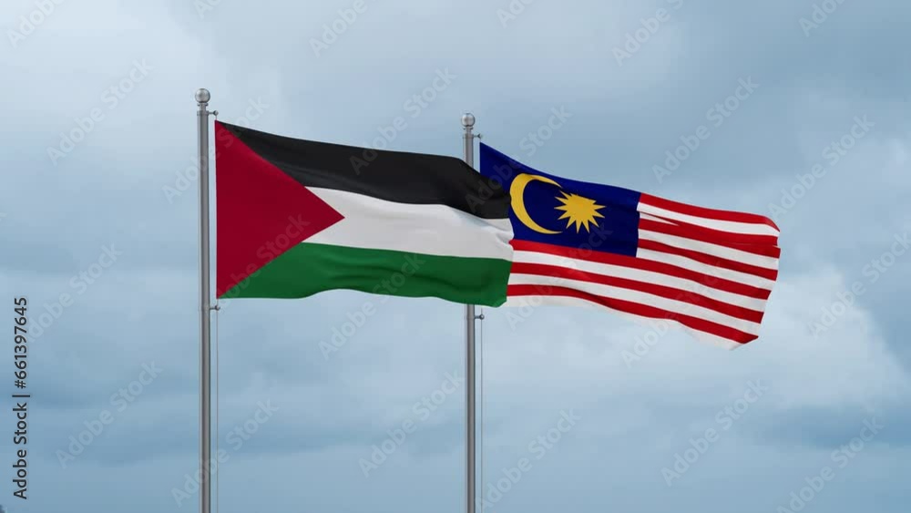 Malaysia and Palestine and Gaza Strip flag waving together on cloudy sky, endless seamless loop, two country cooperation concept Malaysia and Palestine and Gaza Strip flag waving together on cloudy sky, endless seamless loop, two country cooperation concept