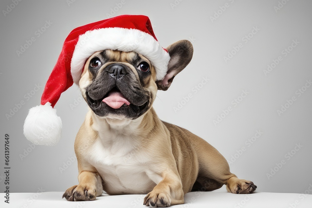 a high quality stock photograph of a single french bulldog with a santa hat isolated on a white background