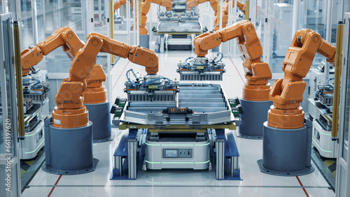 Modern Electric Car Automated Smart Factory. EV Battery Pack Production Line Equipped with Orange Advanced Robot Arms. Row of Robotic Arms inside Bright Plant Assemble Battery for Automotive Industry