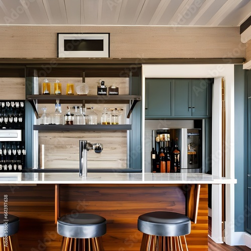 A vintage, mid-century modern home bar with retro bar stools, vinyl records, and a cocktail shaker collection5, Generative AI