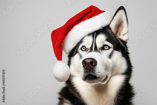 a high quality stock photograph of a single husky dog with a santa hat isolated on a white background