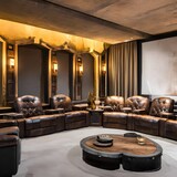A post-apocalyptic, dystopian-themed home theater with distressed walls, salvaged materials, and aged leather furniture5, Generative AI