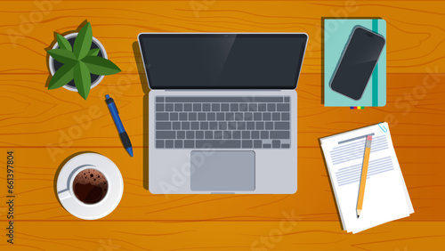 Workplace with laptop, smartphone and coffee cup. Flat design vector illustration.