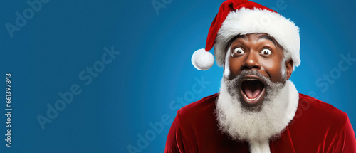 Happy excited black claus in santa hat on blue background.