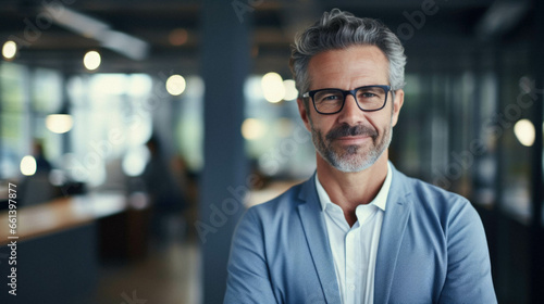 Portrait of smiling older businessman in eyeglasses.