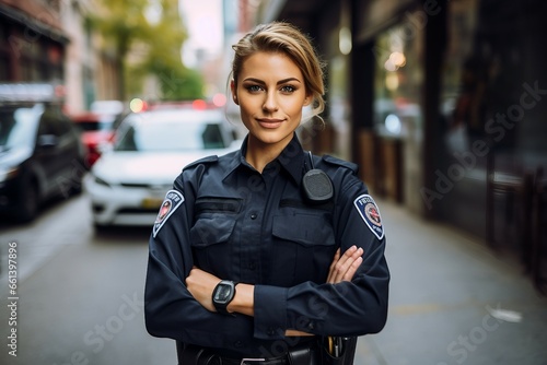 Confident Female Police Officer with Crossed Arms with background of City. photo
