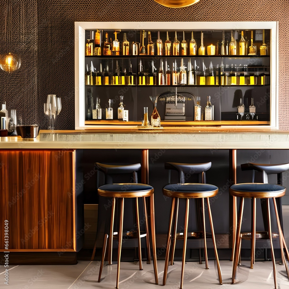 A vintage, mid-century modern home bar with retro bar stools, vinyl records, and a cocktail shaker collection2, Generative AI