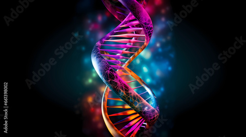 Artistic and creative version of DNA infused with vibrant colors and dynamic energy