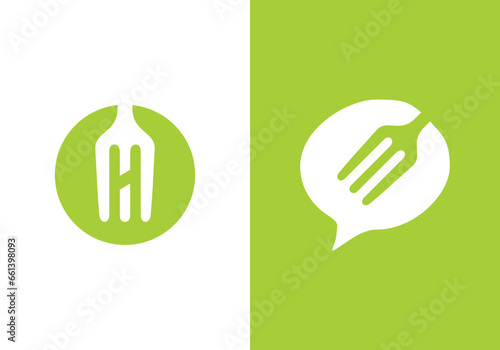 online food logo. chat with fork spoon and plate combination symbol vector illustration	