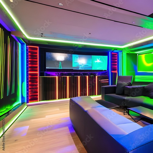 A futuristic, neon-lit nightclub-inspired basement entertainment space with a DJ booth and dance floor3, Generative AI