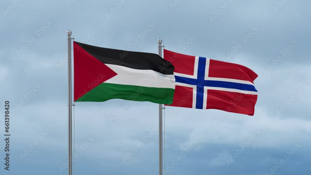 Norway flag and Palestine and Gaza Strip flag waving together on cloudy sky, endless seamless loop, two country relations concept Norway flag and Palestine and Gaza Strip flag waving together on cloudy sky, endless seamless loop, two country relations concept