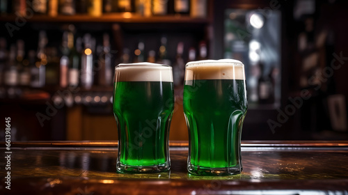 St. Patrick's day, green beer traditional drink in an Irish pub