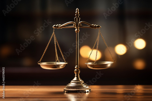 Scales of justice with back-light on wood table, Ideal for home page of law firm website, Can flop and add text as well