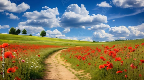 A dirt road surrounded by a field of red flowers