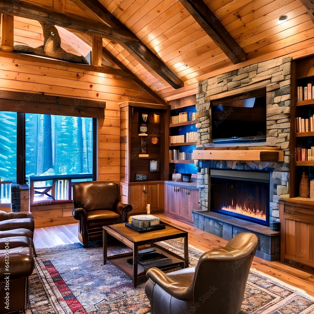 A cozy, cabin-inspired home library with a stone fireplace, leather armchairs, and built-in bookshelves2, Generative AI A cozy, cabin-inspired home library with a stone fireplace, leather armchairs, and built-in bookshelves2, Generative AI