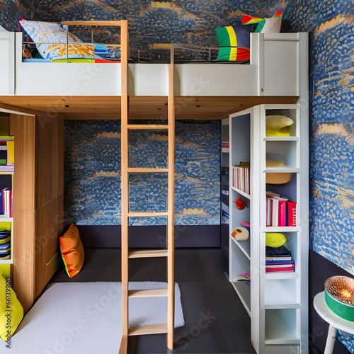 A playful, children's bedroom with bunk beds, vibrant wallpaper, and plenty of storage space5, Generative AI photo
