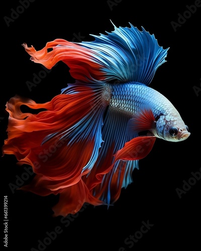 Elegant Betta Fish Displaying Vibrant Fins in Deep Blue and Fiery Red © Philipp