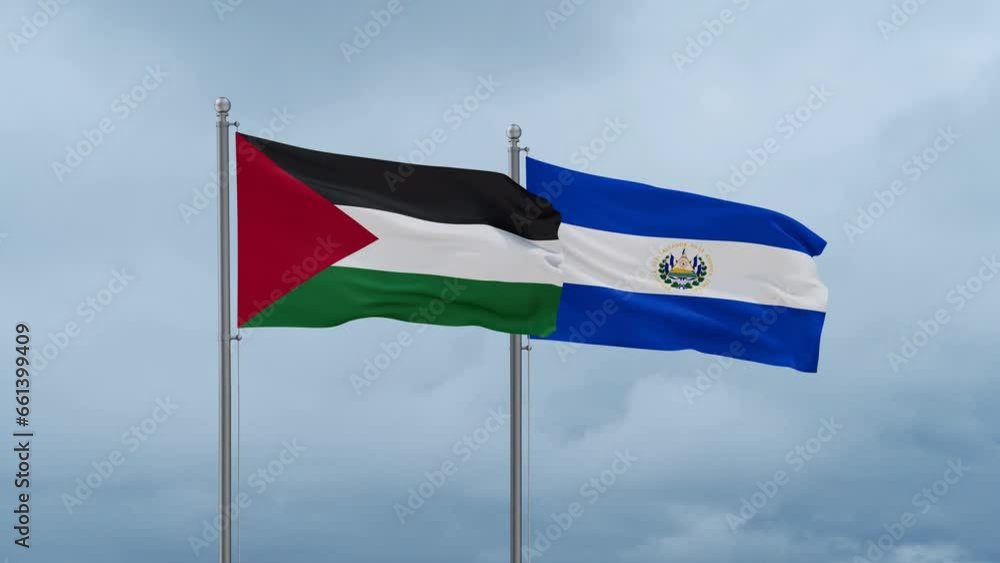 Republic of El Salvador and Palestine and Gaza Strip flag waving together on cloudy sky, endless seamless loop, two country cooperation concept Republic of El Salvador and Palestine and Gaza Strip flag waving together on cloudy sky, endless seamless loop, two country cooperation concept