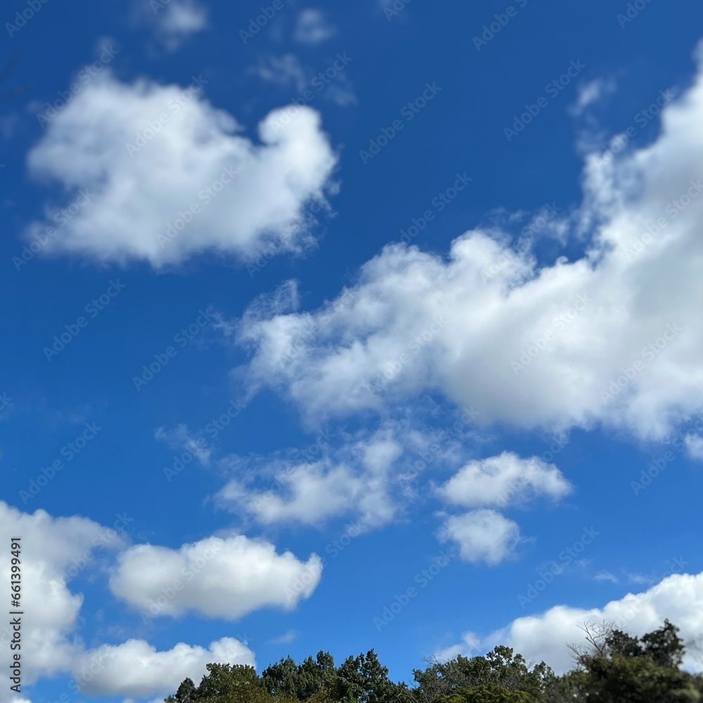 Obraz premium 青空と白い雲、白い雲と青空、空と山の風景、コピースペースのある風景、コピースペースのある空と雲の景色