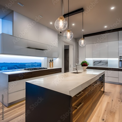 A contemporary  open-concept kitchen with waterfall edge countertops  a kitchen island  and pendant lights5  Generative AI