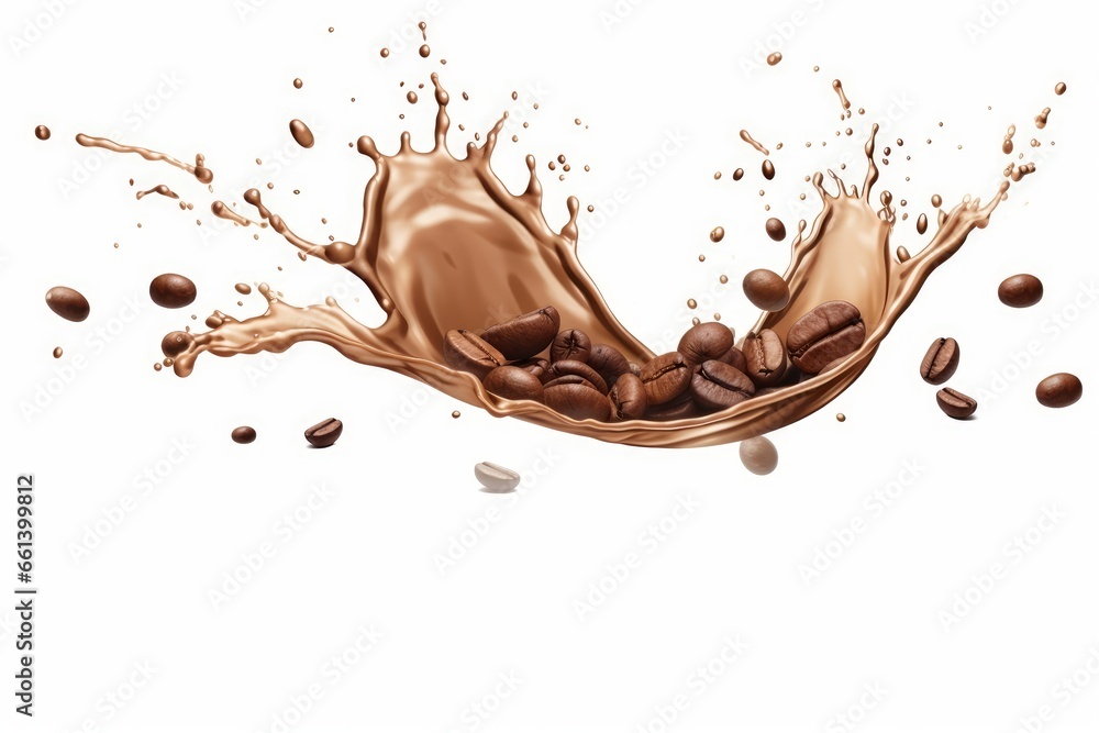 Fototapeta premium splashing coffee with coffee beans, isolated on white background, 3d rendering, Generative AI