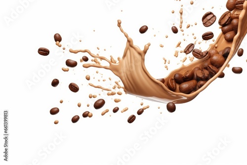 splashing coffee with coffee beans, isolated on white background, 3d rendering, Generative AI