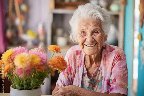 Beautiful centenarian old woman from Ikaria, gently smiling, feeling positive, vibrating vitality photo