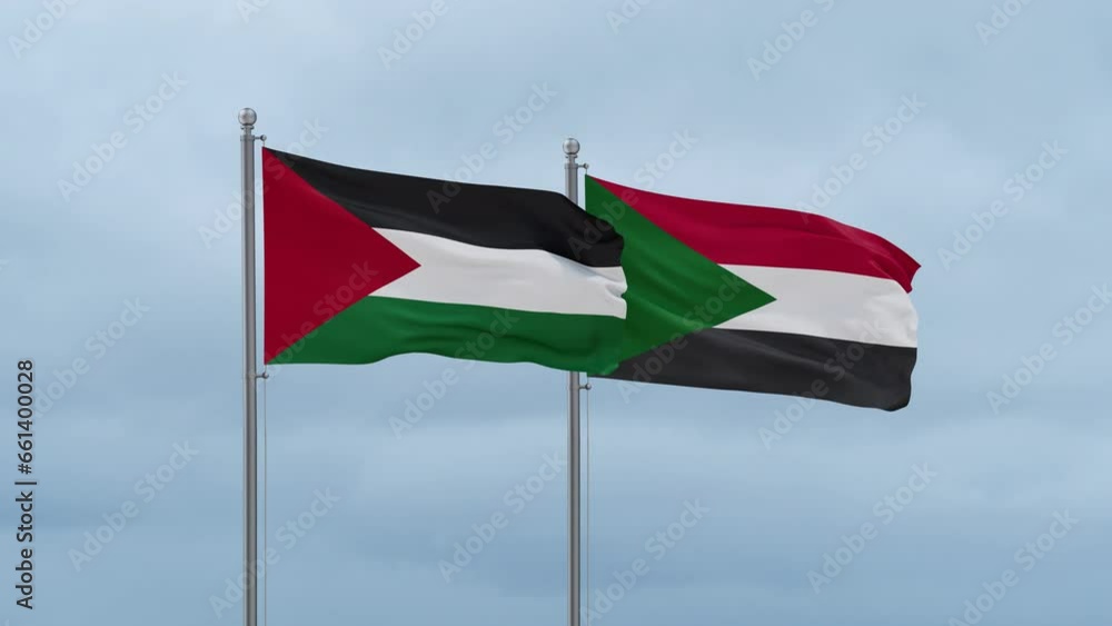 Sudan and Palestine and Gaza Strip flag waving together on cloudy sky, endless seamless loop, two country cooperation concept Sudan and Palestine and Gaza Strip flag waving together on cloudy sky, endless seamless loop, two country cooperation concept