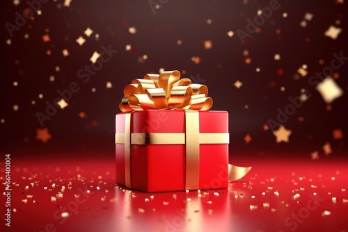 red gift box gold ribbon valentine or christmas or anniversary celebration surprise background 3d rendering, generative ai © Nia™