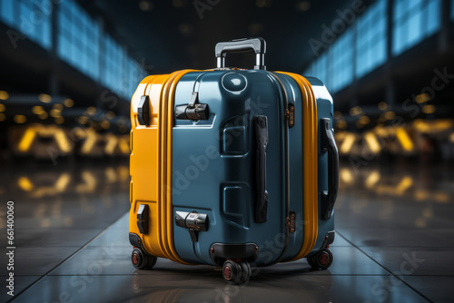 Conceptual art piece that transforms a yellow suitcase on a blue surface into an engaging composition, Generative AI 