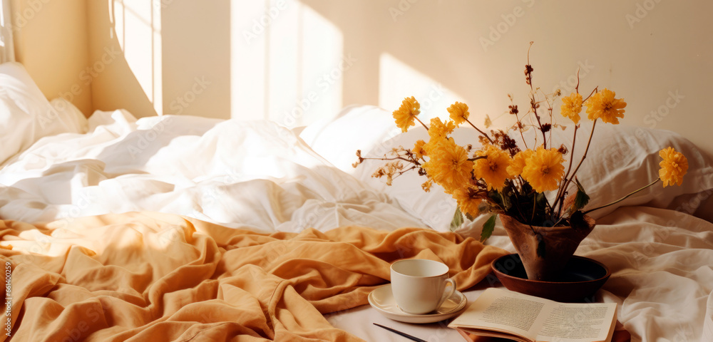 Banner of cozy morning on the bed with flowers and sun rays coming in. Photo with copy space. Banner of cozy morning on the bed with flowers and sun rays coming in. Photo with copy space.