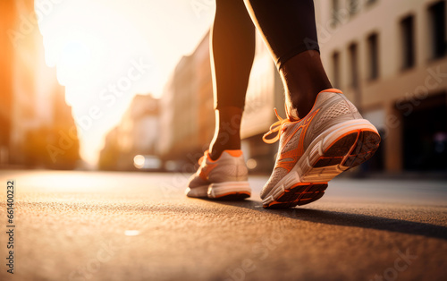 Woman running or walking on the road with sun in the background. Health and lifestyle concept.