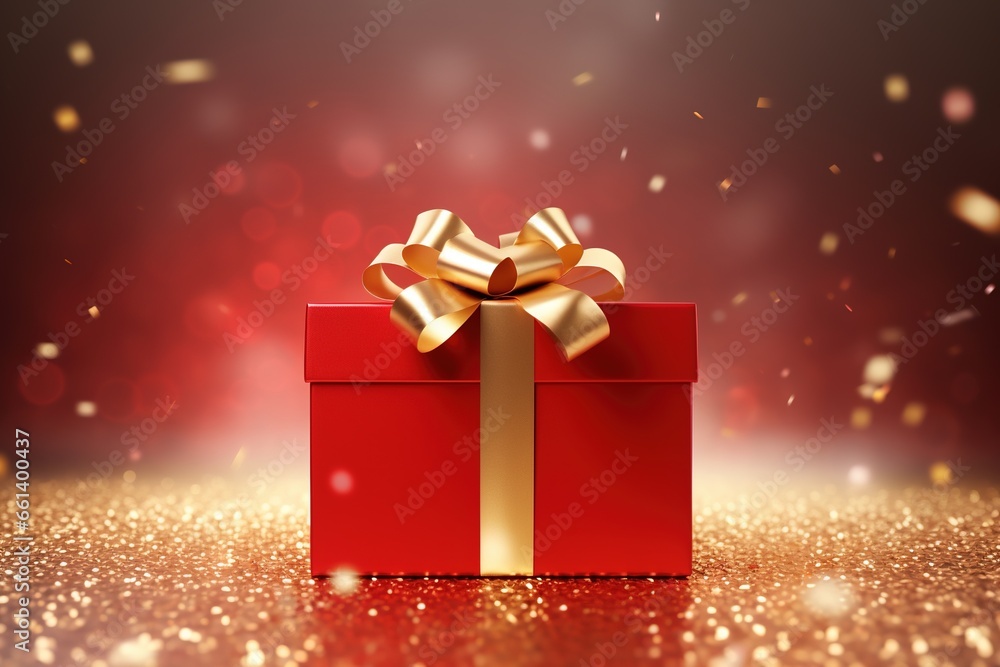 red gift box gold ribbon valentine or christmas or anniversary celebration surprise background 3d rendering, generative ai red gift box gold ribbon valentine or christmas or anniversary celebration surprise background 3d rendering, generative ai
