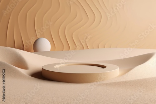 Cosmetic background for product presentation, podium display on Zen circle pattern in sand, 3d rendering, Generative AI