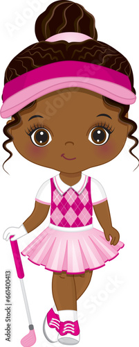 Vector Cute Little African American Girl Playing Golf