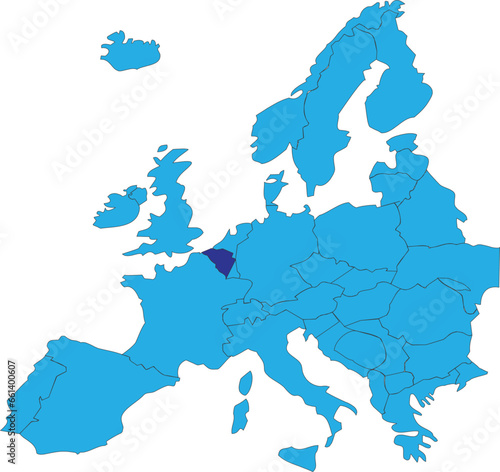 Dark blue CMYK national map of BELGIUM inside simplified blue blank political map of European continent on transparent background using Peters projection