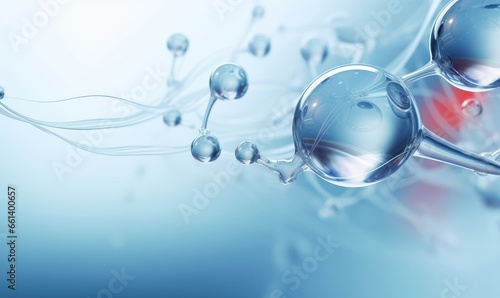 Cosmetic Essence, Liquid bubble, Molecule inside Liquid Bubble on water background, 3d rendering, Generative AI © Kishan
