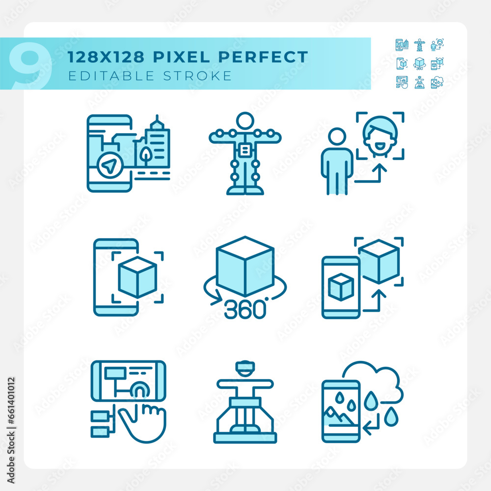 Pixel perfect blue icons set of VR, AR and MR, editable thin linear illustration. Pixel perfect blue icons set of VR, AR and MR, editable thin linear illustration.