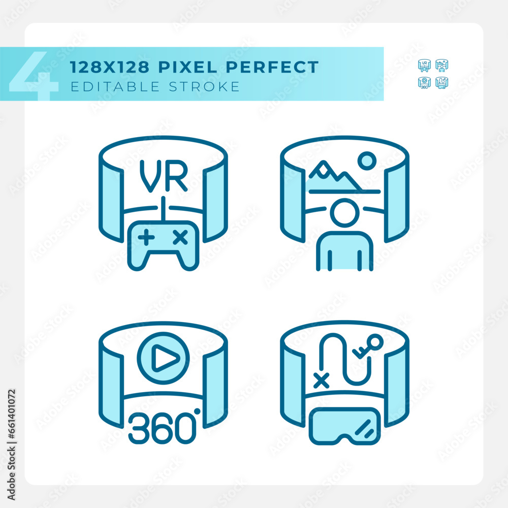 2D pixel perfect blue icons set representing VR, AR and MR, editable thin linear illustration. 2D pixel perfect blue icons set representing VR, AR and MR, editable thin linear illustration.