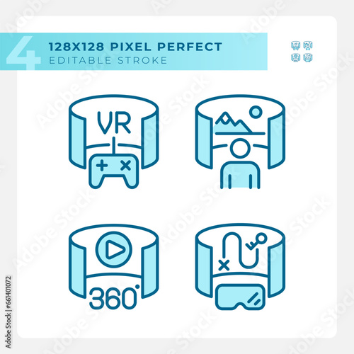 2D pixel perfect blue icons set representing VR, AR and MR, editable thin linear illustration.