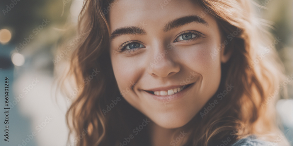 Fototapeta premium Beautiful American good woman nice fashion half body eye contact and background empty space for design in USA