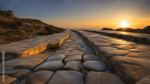 The stone bridge in the evening with the sun shining brightly gives a warm atmosphere © Natthithin