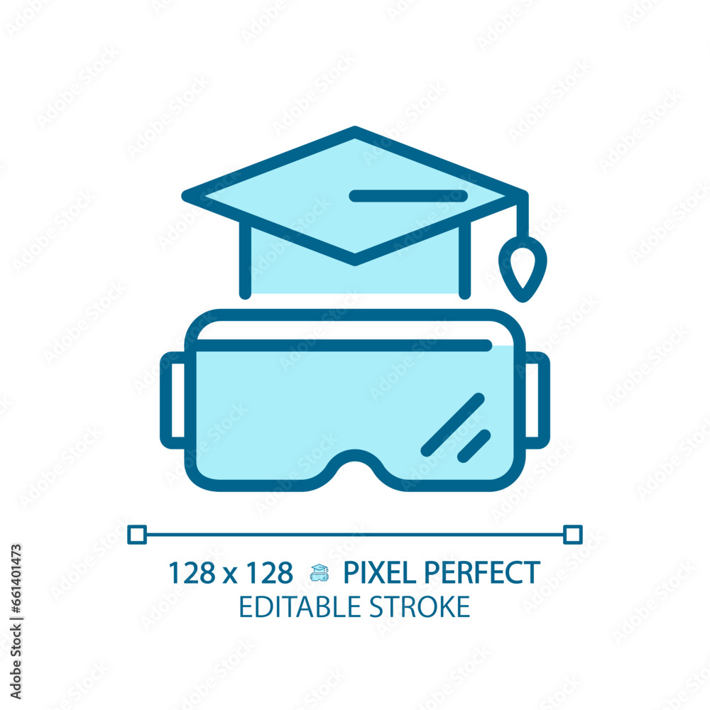 2D pixel perfect editable blue VR goggles and education icon, isolated monochromatic vector, thin line illustration representing VR, AR and MR. 2D pixel perfect editable blue VR goggles and education icon, isolated monochromatic vector, thin line illustration representing VR, AR and MR.