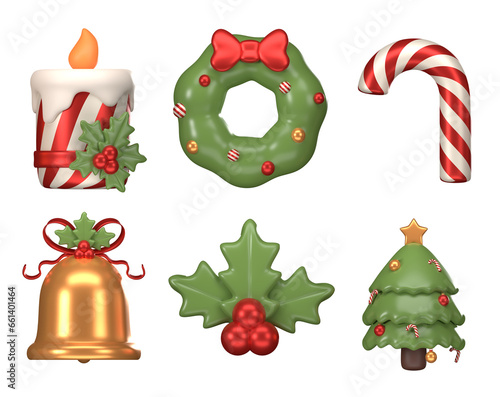 3d render Christmas decoration icons set, candle, candy cane, christmas wreath, christmas tree, door bell, 