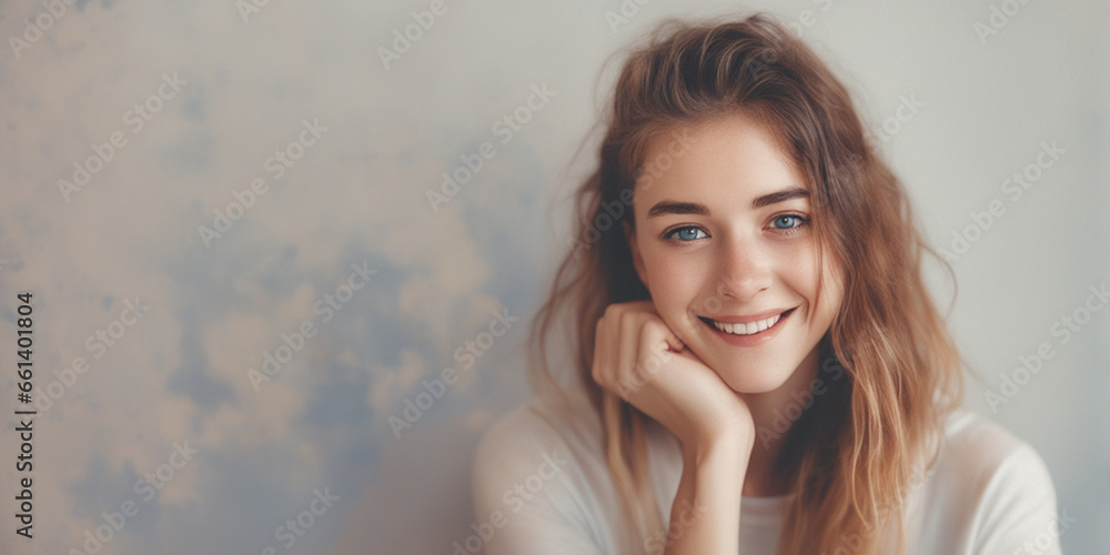 Beautiful American good woman nice fashion half body eye contact and background empty space for design in USA Beautiful American good woman nice fashion half body eye contact and background empty space for design in USA